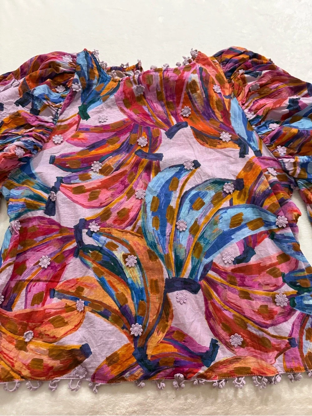 FARM Rio Colored Bananas Puff Sleeve Blouse in lilac Size Small D94